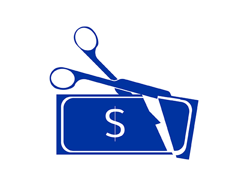 Blue icon of scissors cutting a dollar bill.