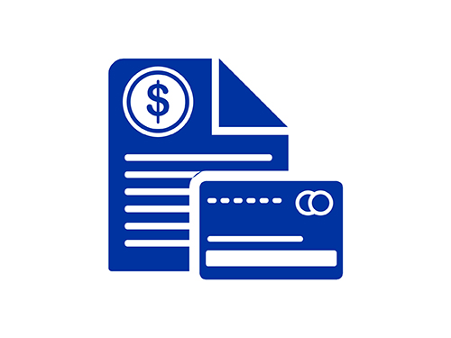 Blue icon of an invoice and credit card