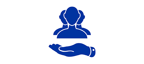 Blue icon of a hand cradling several people