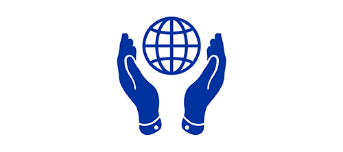 Blue icon of hands holding a globe