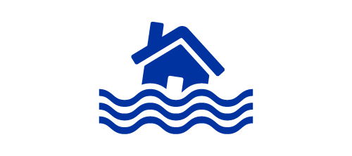 Blue icon of a house in a flood