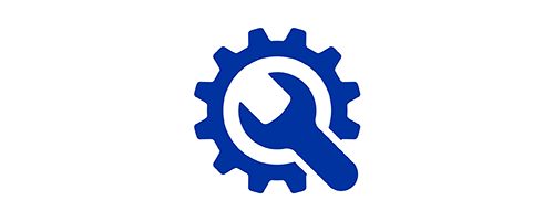 Blue icon of a gear wheel with wrench