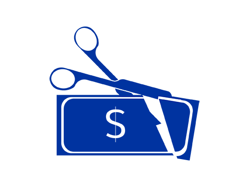 Blue icon of scissors cutting a dollar bill
