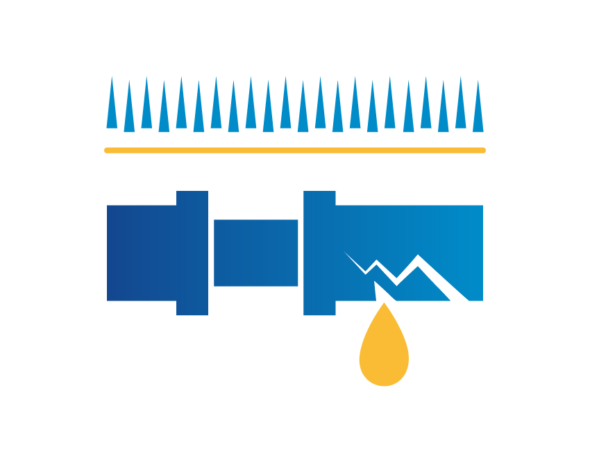 Blue and yellow icon of a leaking underground utility line