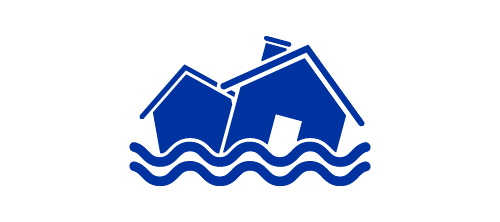 Blue icon of a flooded house and garage