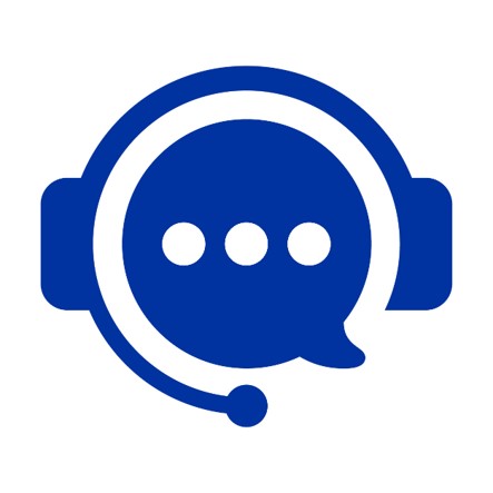 Blue icon of a headset and chat graphic