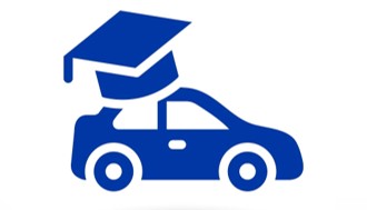 Blue icon of a car with a graduation cap on it