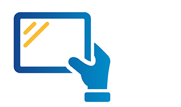 Blue and yellow icon of a hand holding a tablet