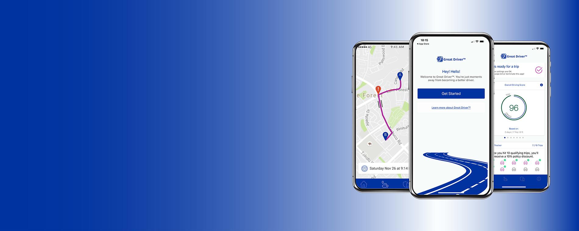 Illustrations of Great Driver screens on mobile phones.